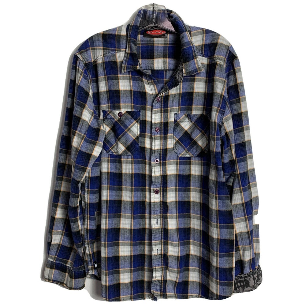 Mambo Australia Shirt Casual Blue Plaid Cotton Cargo Chest Pockets Flip Cuffs L